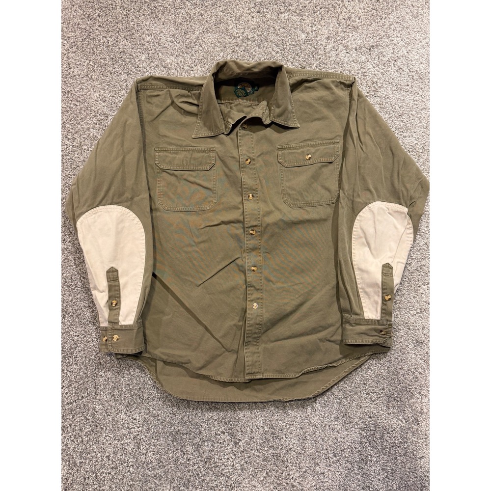 Cabela's Button Down Mens XL Green Outdoor Gear‎ Shooting Shirt Elbow Patches